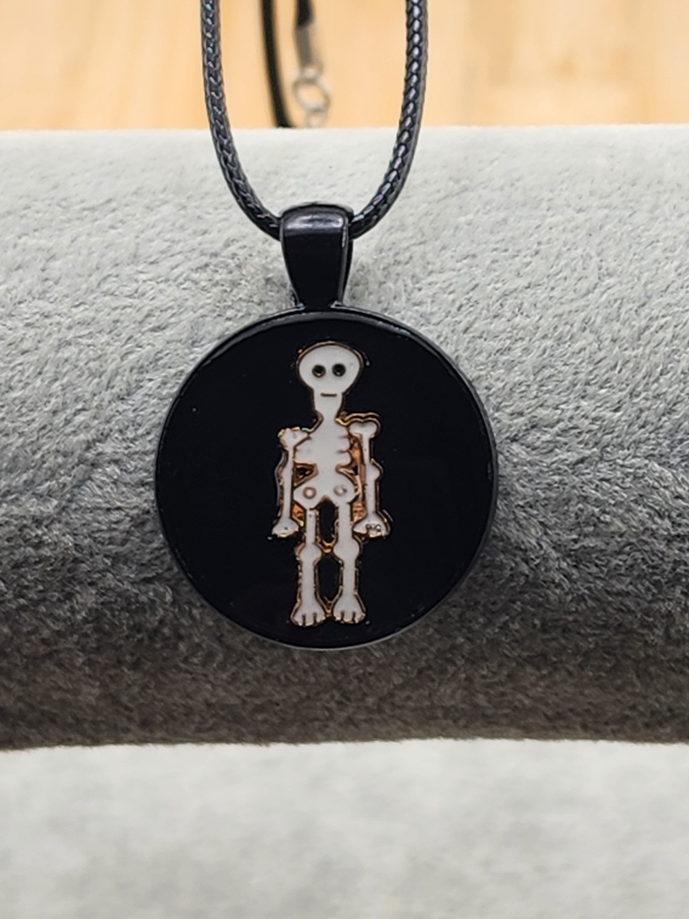18in Adjustable Black Pendant Necklace with White Skeleton - Halloween Jewelry